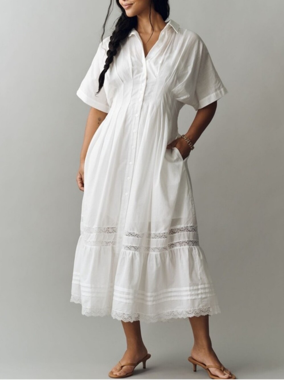 NWT Exquise Tobie White Button-Front Midi Dress with Lace Trim